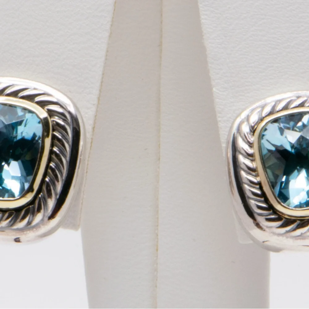 David Yurman Sterling Silver 925 14k Gold Blue Topaz Albion Earrings - Picture 5 of 7